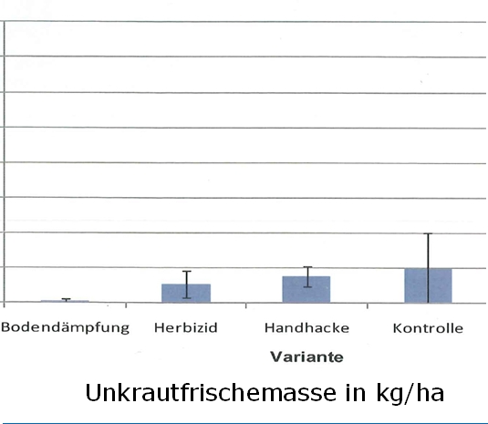 Fresh mass of weeds in kg/ha in comparisson to soil steaming (Bodendämpfung), herbicide (Herbizid), hand hoe (Handhacke) and control area